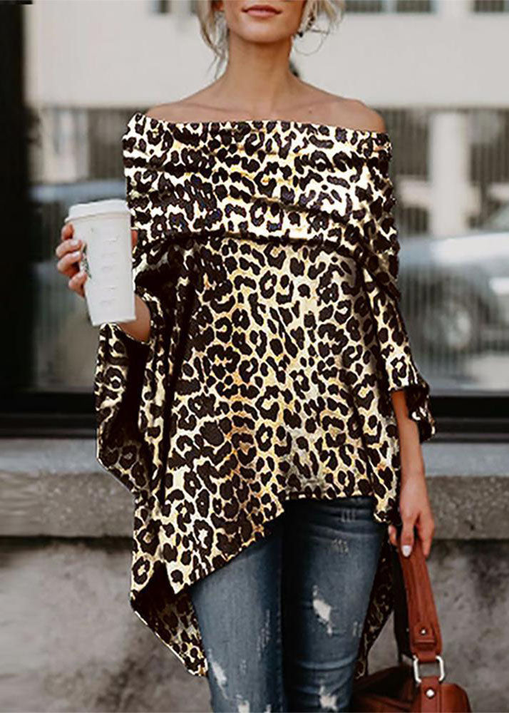 Sexy Slash neck Asymmetrical Design Off The Shoulder Leopard Print Top Summer