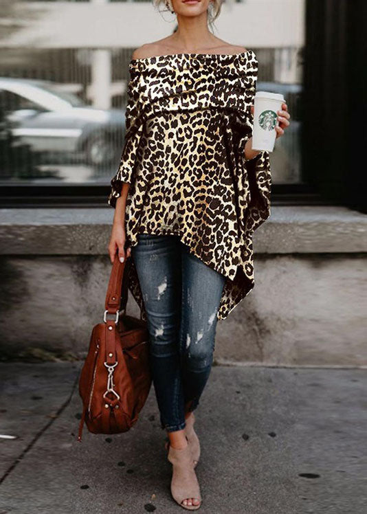 Sexy Slash neck Asymmetrical Design Off The Shoulder Leopard Print Top Summer