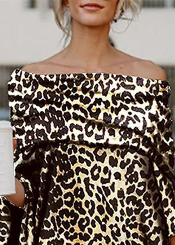 Sexy Slash neck Asymmetrical Design Off The Shoulder Leopard Print Top Summer