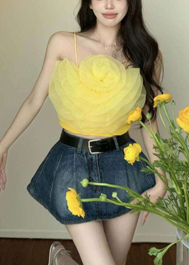 Sexy Yellow Solid Floral Chiffon Spaghetti Strap Tank Sleeveless