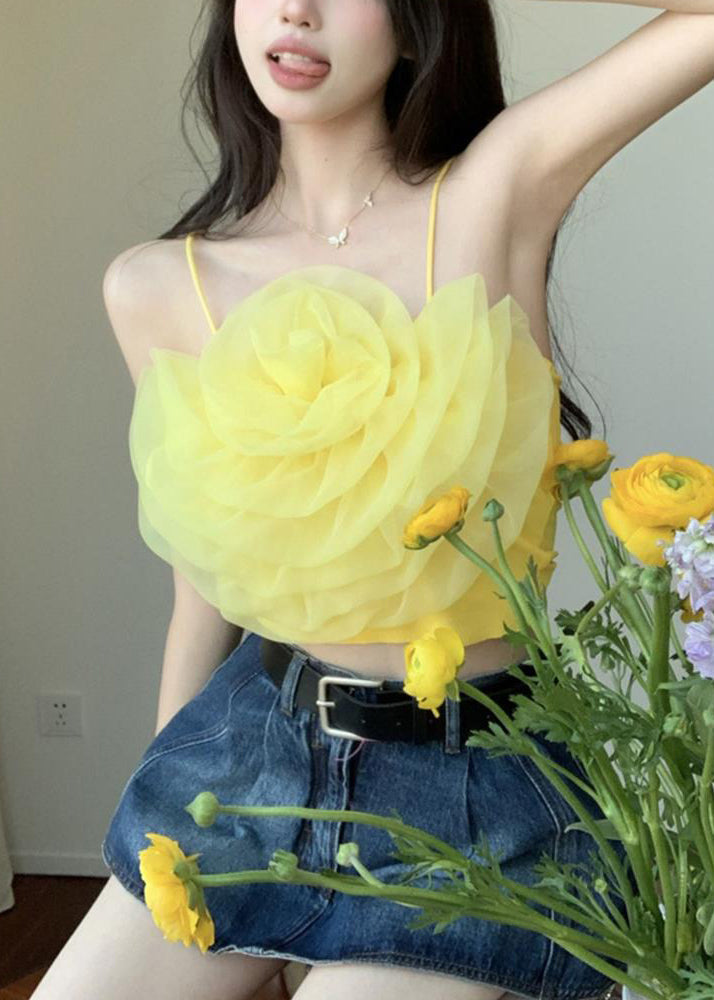 Sexy Yellow Solid Floral Chiffon Spaghetti Strap Tank Sleeveless