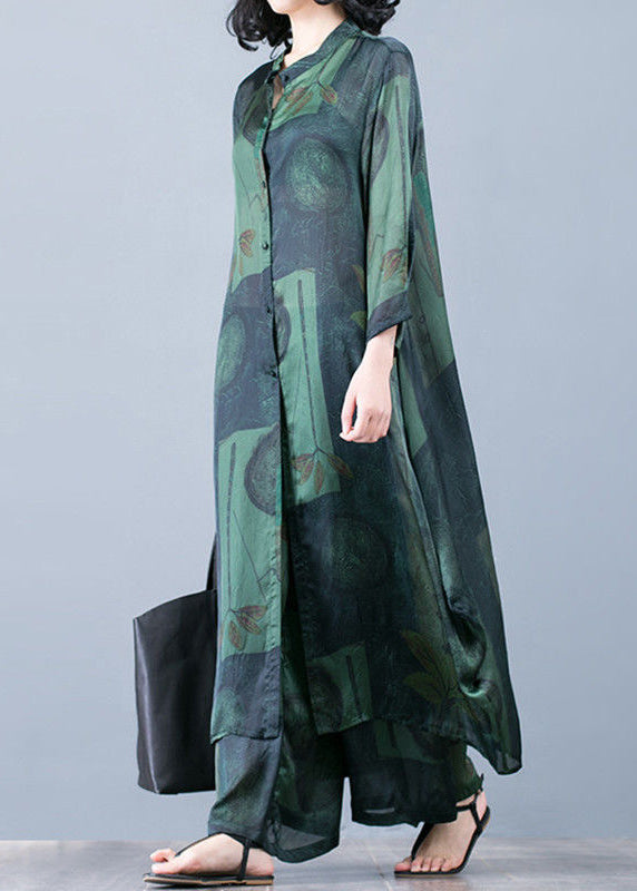 2025 thin green print chiffon wide-leg pants two-piece suit