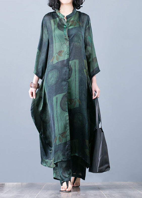 2025 thin green print chiffon wide-leg pants two-piece suit