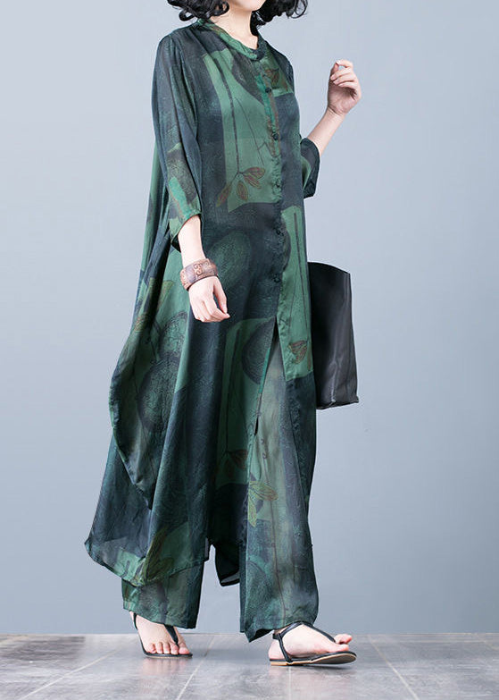 2025 thin green print chiffon wide-leg pants two-piece suit