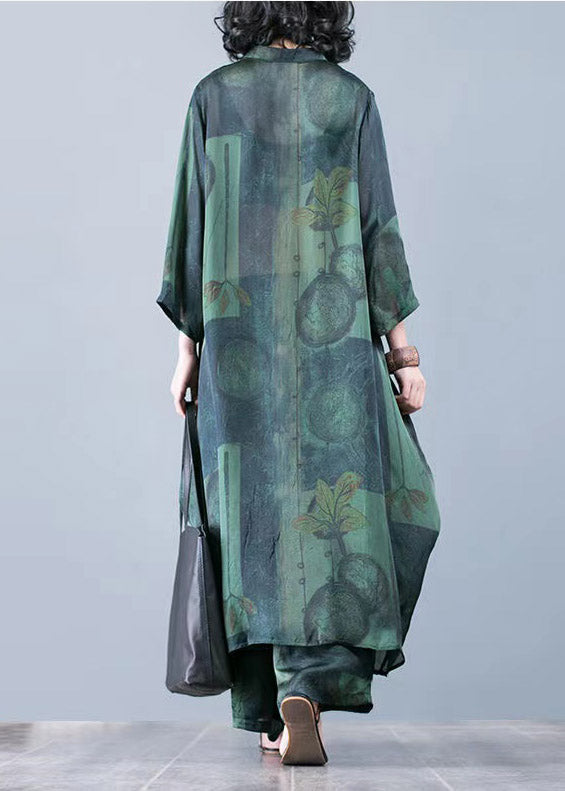 2025 thin green print chiffon wide-leg pants two-piece suit