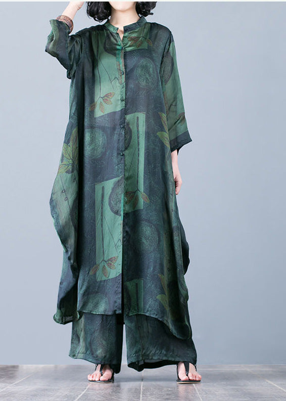 2025 thin green print chiffon wide-leg pants two-piece suit