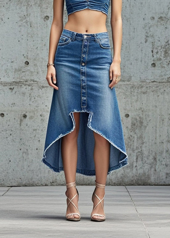 Silm Fit Blue Asymmetrical Design Denim Skirts Spring