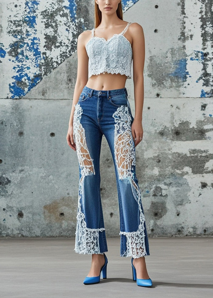 Silm Fit Blue Hollow Out Patchwork Lace Denim Pants Spring