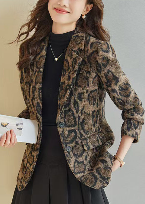 Silm Fit Coffee Leopard Print Woolen Coats Spring