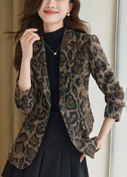 Silm Fit Coffee Leopard Print Woolen Coats Spring