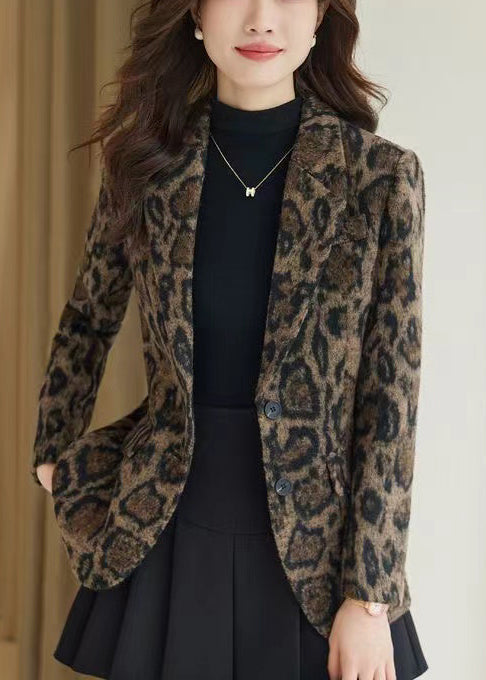 Silm Fit Coffee Leopard Print Woolen Coats Spring