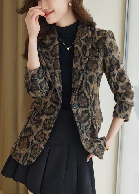 Silm Fit Coffee Leopard Print Woolen Coats Spring