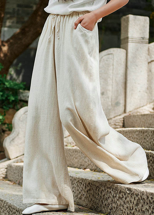 Simple Apricot Lace Up Pockets Linen Pants Summer