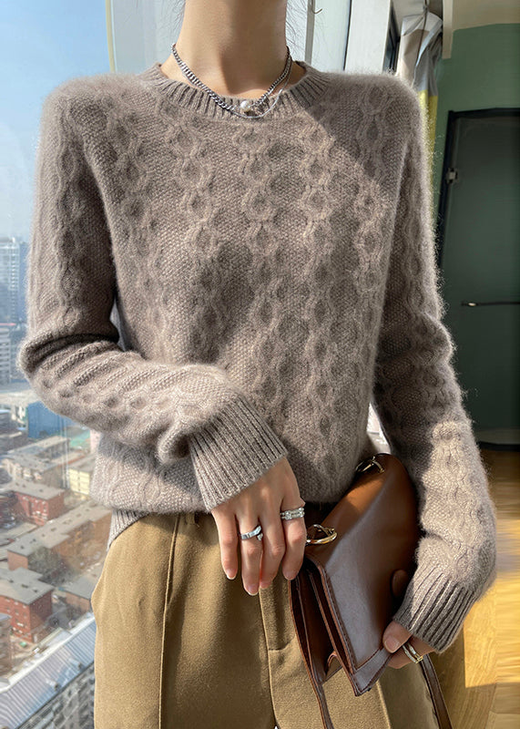 Simple Apricot O Neck Thick Warm Cashmere Knit Sweaters Winter