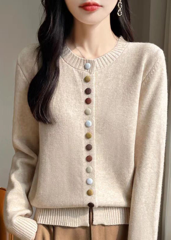 Simple Beige O Neck Button Woolen Coats Spring