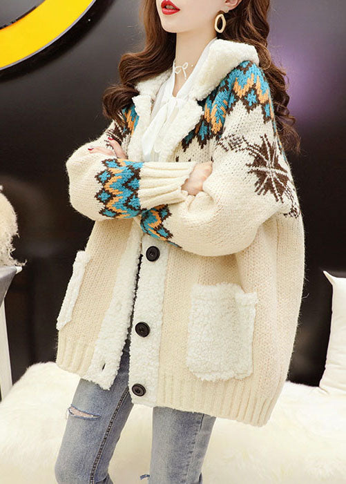 Simple Beige Peter Pan Collar Button Winter Knit Sweater Coat