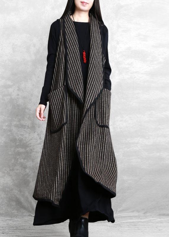 Simple Black Chocolate Striped Pockets Peter Pan Collar Fall Waistcoat Long