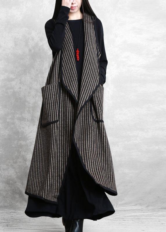 Simple Black Chocolate Striped Pockets Peter Pan Collar Fall Waistcoat Long