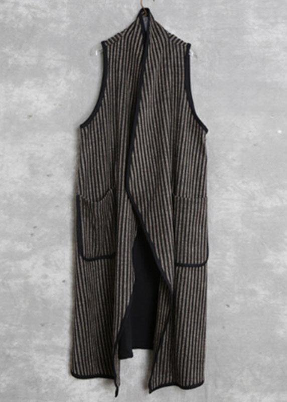 Simple Black Chocolate Striped Pockets Peter Pan Collar Fall Waistcoat Long