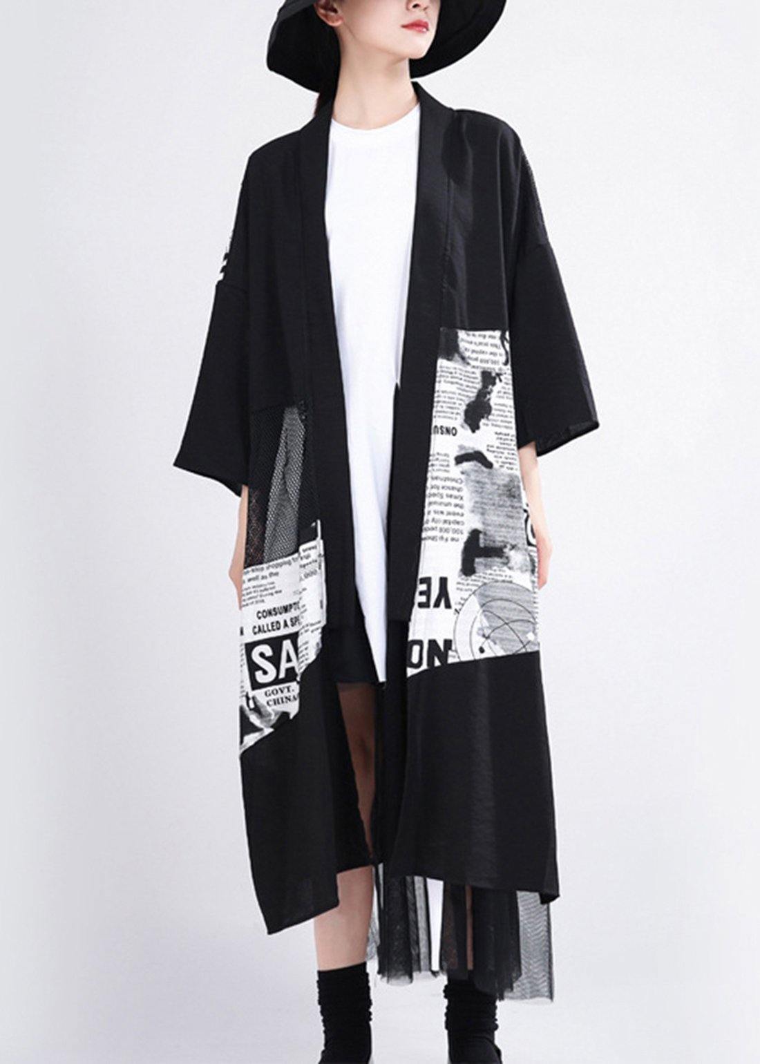 Simple Black Graphic Summer Patchwork Cardigan Long