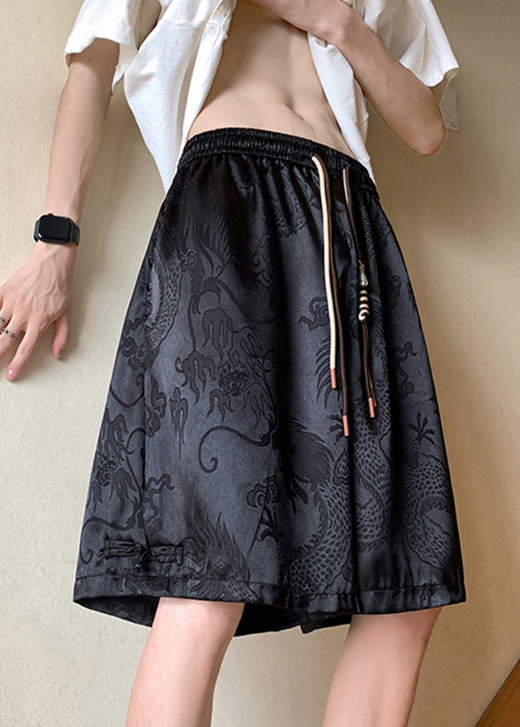 Simple Black Lace Up Elastic Waist Summer Men Shorts