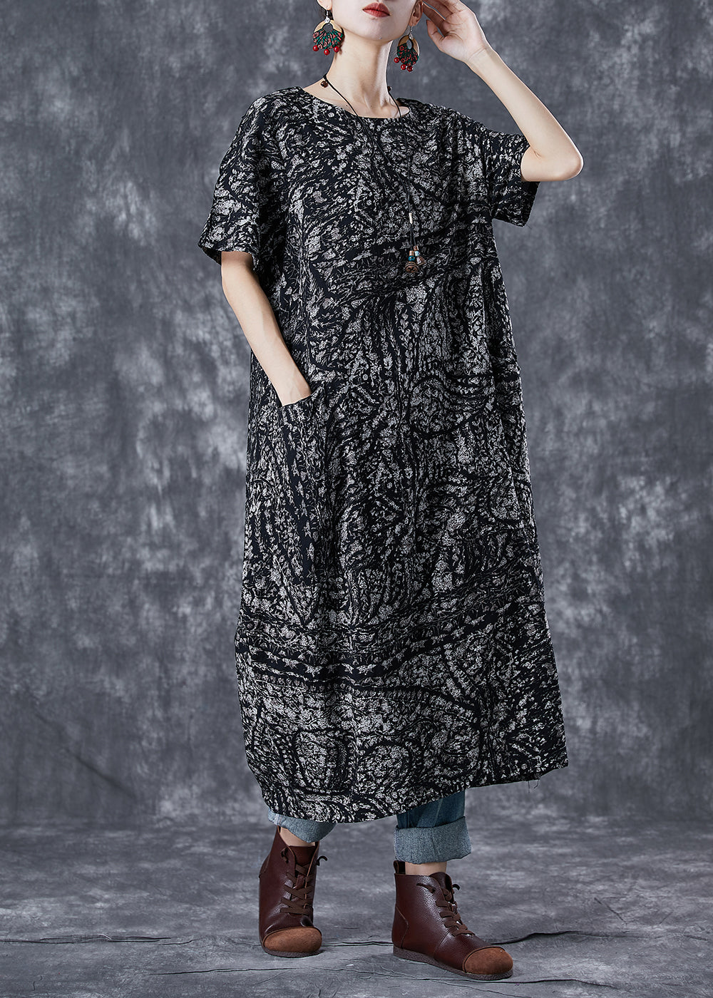 Simple Black Oversized Print Linen Robe Dresses Summer