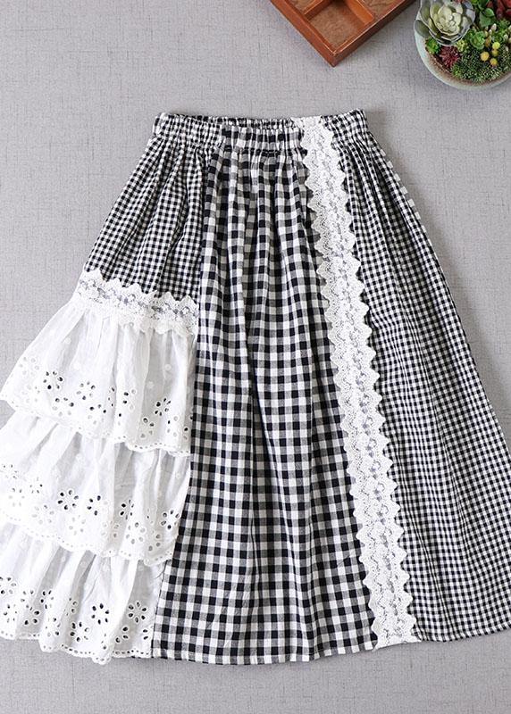 Simple Black Patchwork White Plaid Fall A Line Skirt