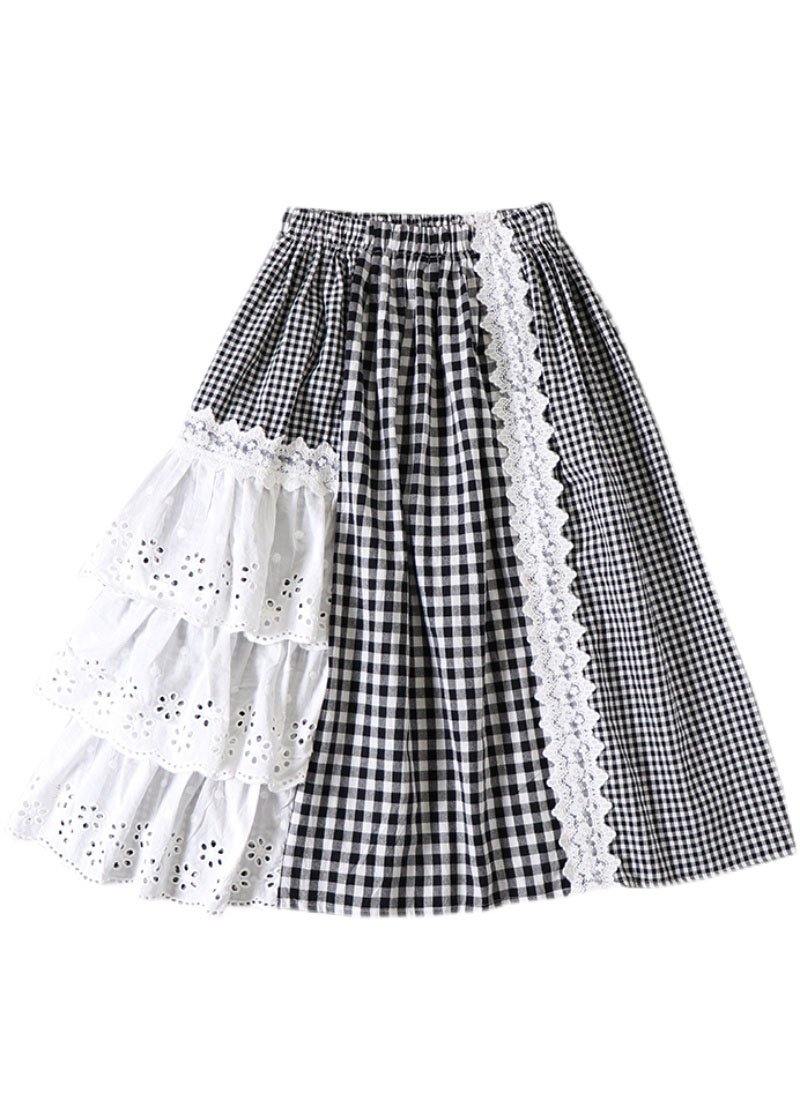 Simple Black Patchwork White Plaid Fall A Line Skirt