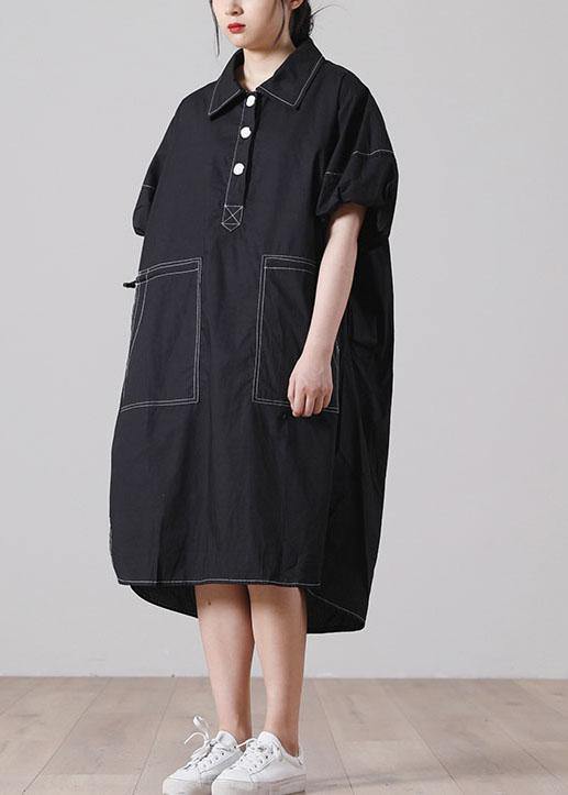 Simple Black Pockets Cotton long shirts Summer Dress