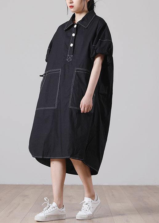 Simple Black Pockets Cotton long shirts Summer Dress