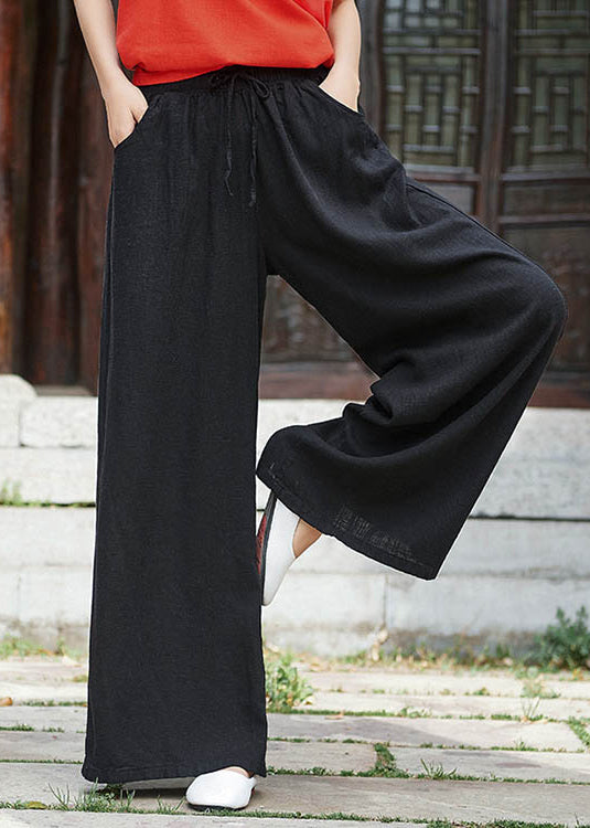 Simple Black Pockets Elastic Waist Linen Pants Summer