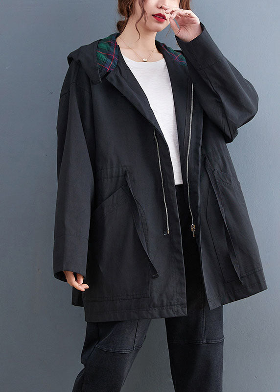 Simple Black fashion Casual zippered Fall  Hooded trench coats