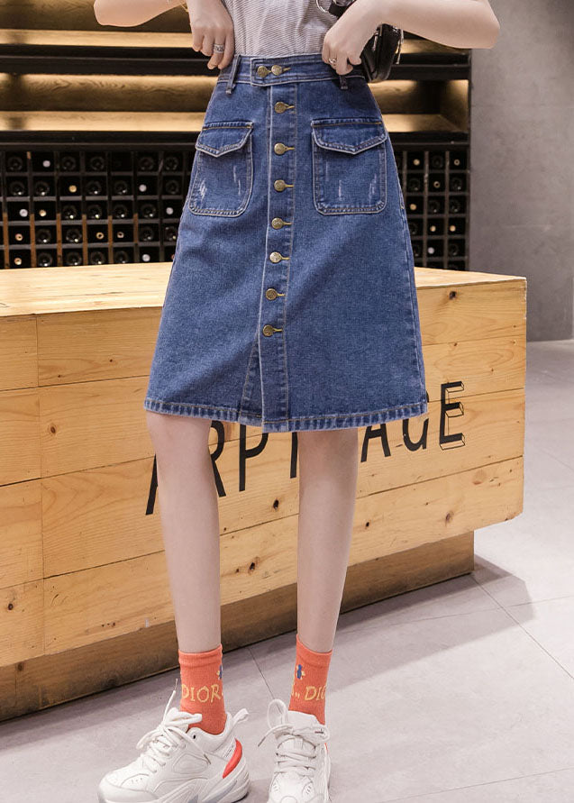 Simple Blue Pocket Button Cotton Denim Wraped Skirt Summer