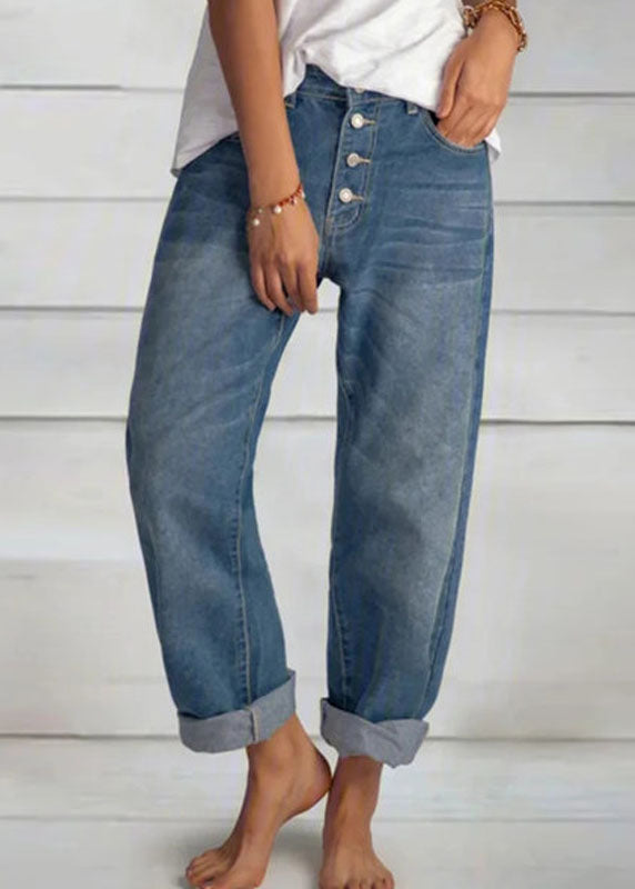 Simple Blue Pockets Button Patchwork High Waist Denim Pants Summer