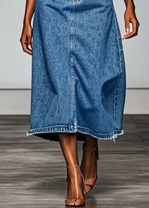 Simple Blue Pockets High Waist Denim Maxi Skirts Summer