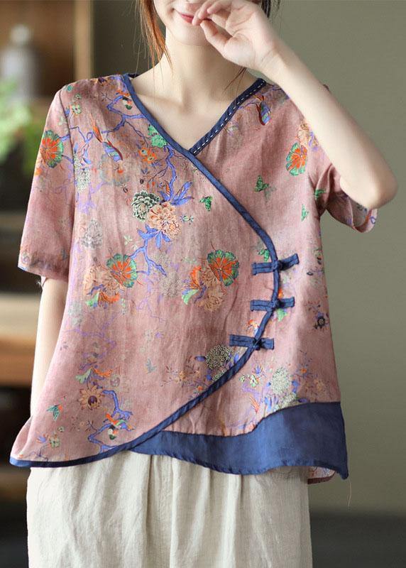 Simple Blue Print Ramie Oriental Summer Tops