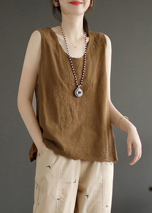 Simple Brown Yellow O-Neck Cotton Tops Summer