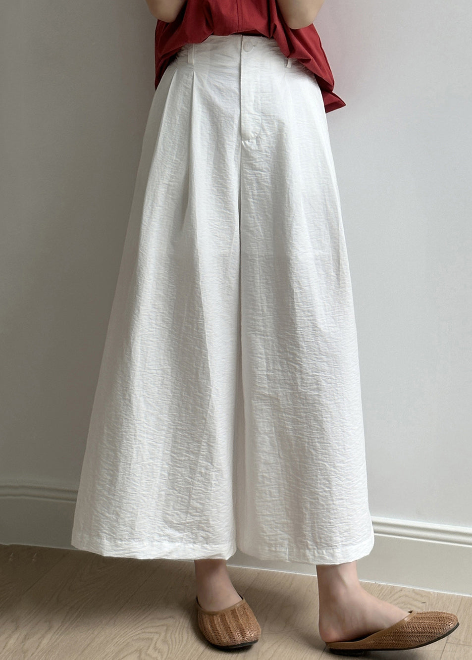 Simple Casual White Pockets Elastic Waist Cotton Wide Leg Pants Fall