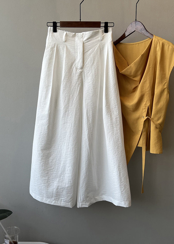 Simple Casual White Pockets Elastic Waist Cotton Wide Leg Pants Fall