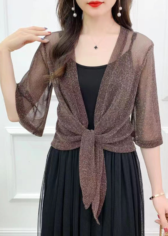 Simple Coffee Solid Bright Silk Tulle Cardigan Summer