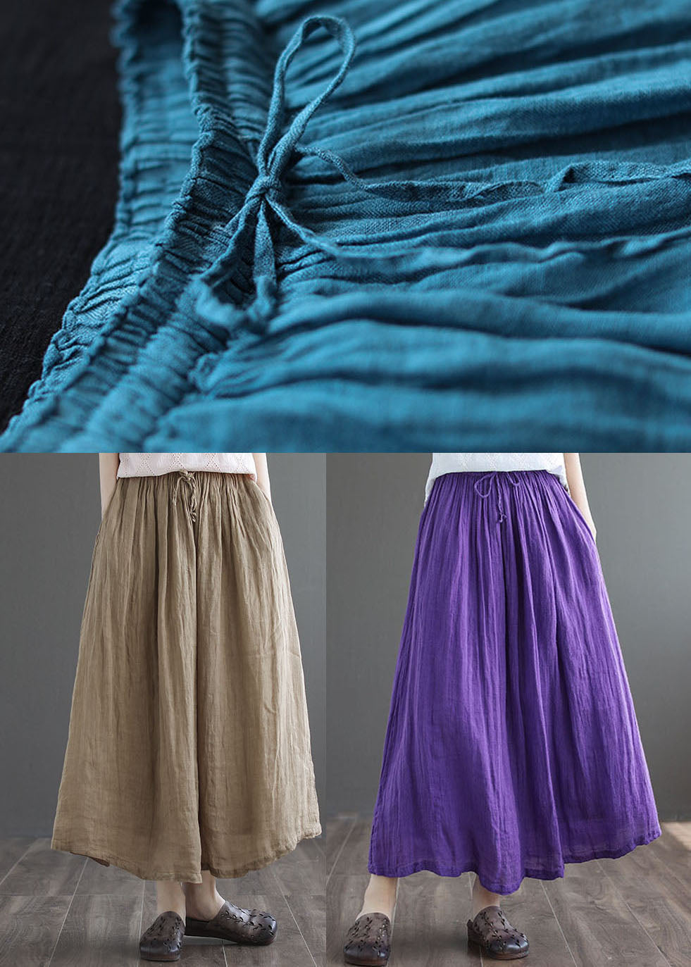 Simple Dark Blue Elastic Waist Double-deck Linen Skirts Summer