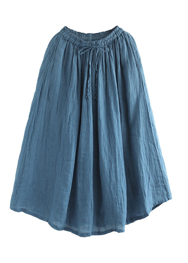 Simple Dark Blue Elastic Waist Double-deck Linen Skirts Summer