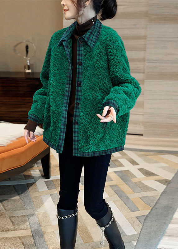 Simple Green Button Patchwork Faux Fur Outwear Winter