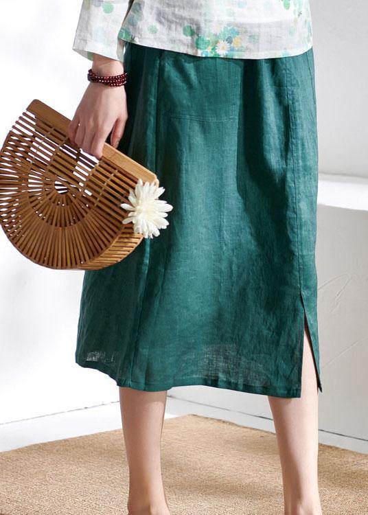 Simple Green Pencil Pockets Patchwork Summer Skirt Linen