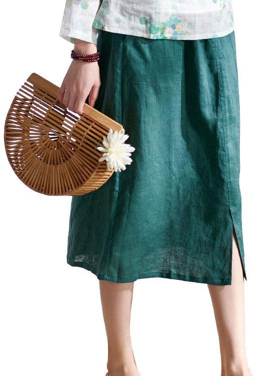 Simple Green Pencil Pockets Patchwork Summer Skirt Linen