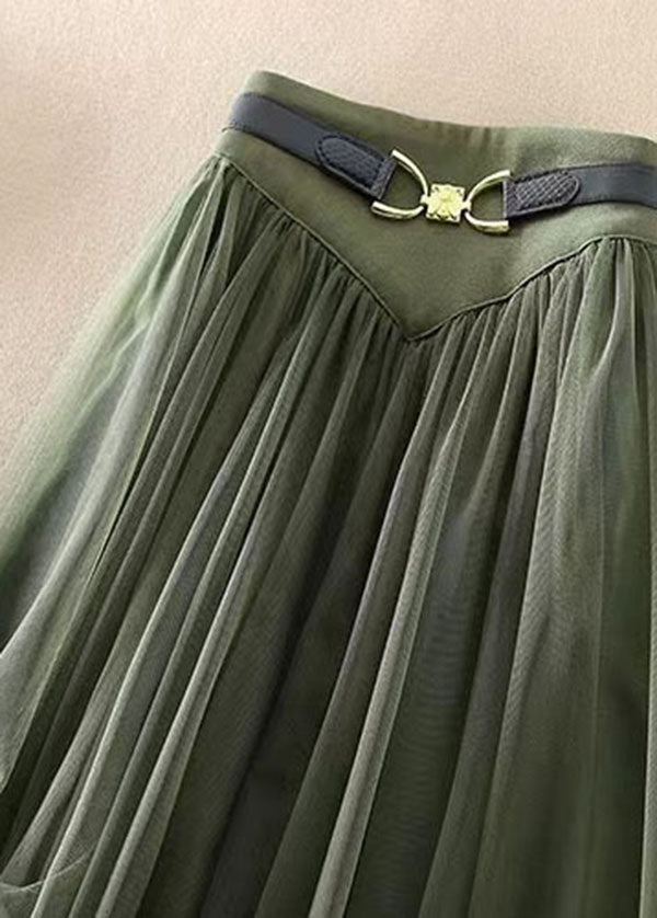 Simple Green Wrinkled Patchwork Tulle Skirts Spring