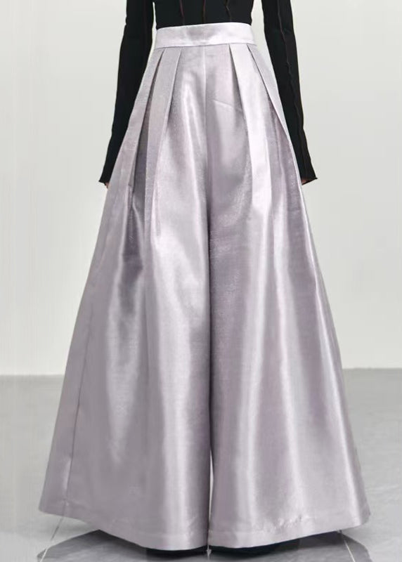 Simple Grey High Waist Solid Cotton Wide Leg Pants Spring