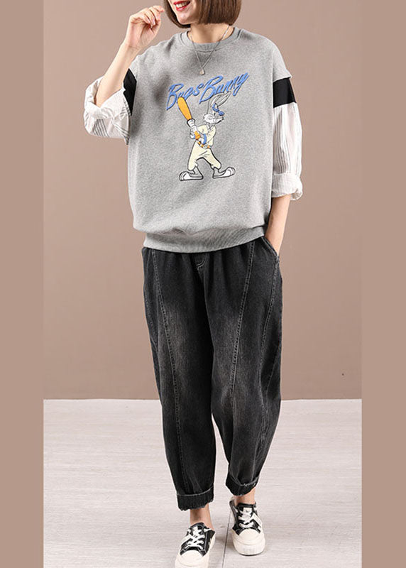 Simple Grey Print Patchwork Loose Fall Sweatshirts Top