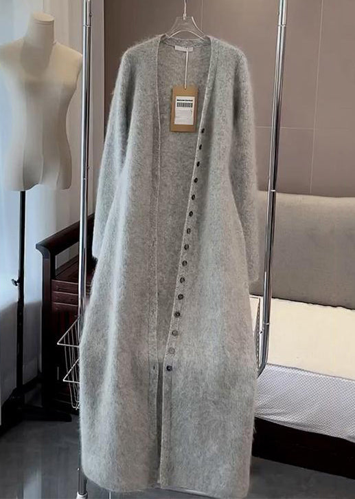 Simple Grey V Neck Button Cotton Knit Cardigans Long Sleeve