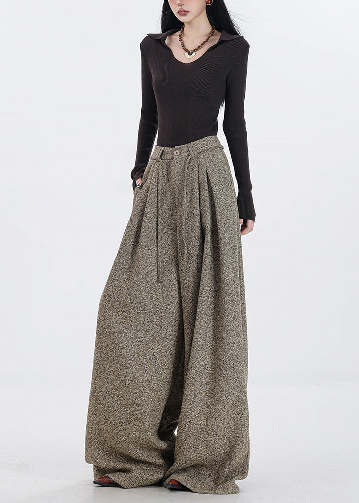 Simple Khaki High Waist Woolen Wide Leg Pants Spring